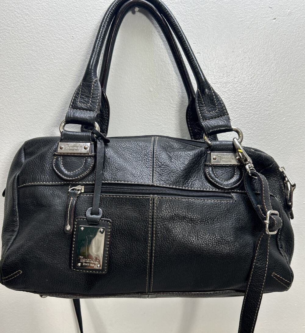 Tignanello Black Pebbled Leather Satchel Shoulder Bag Hobo Silver Hardware Y2K